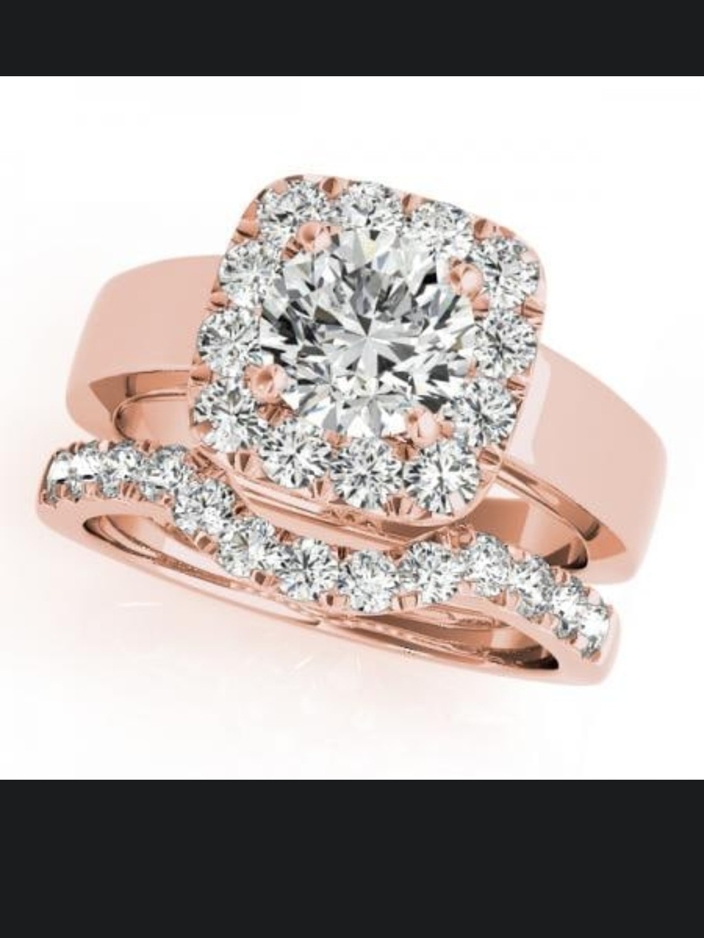 Rose Gold Halo Diamond Bridal Ring Set with Pavé Accent